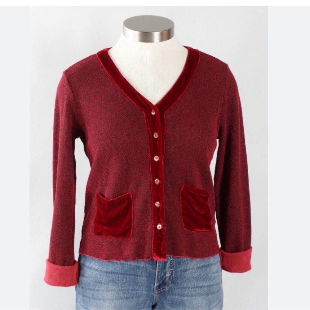 cut loose Burgundy Cardigan with Velvet Trim
